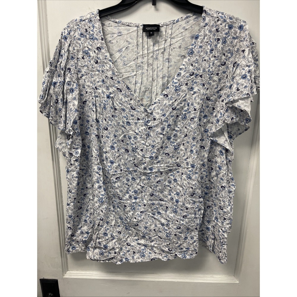 Jones & Co Blue & White Short Sleeve Floral V-Neck Top Blouse 1X